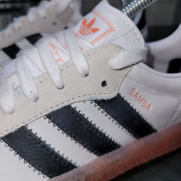 Adidas Samba Sambae Women's Cloud White/Core Black/Semi Coral Gum Sole Sneakers - Picture 4 of 16